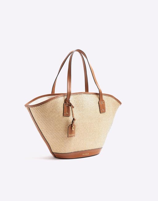 River Island Raffia lace up tote bag in brown - light