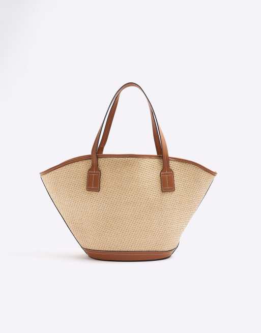 River Island Raffia lace up tote bag in brown - light