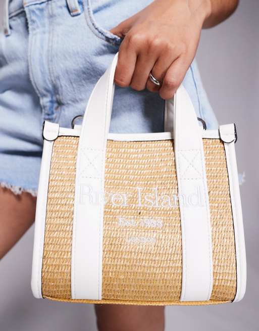 River Island raffia mini tote bag in beige | ASOS