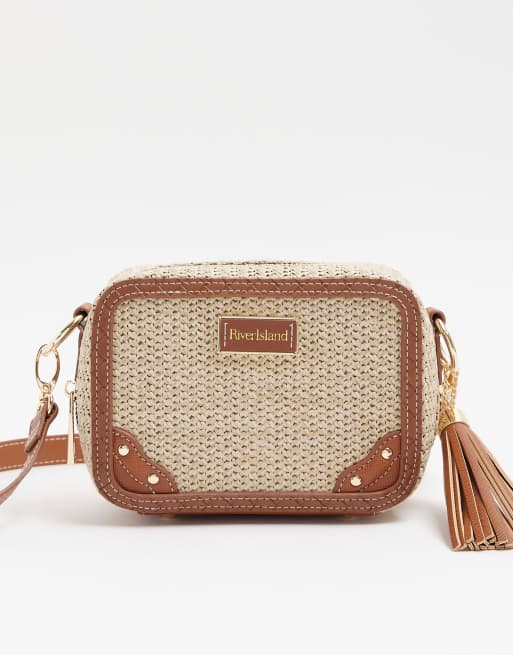 River Island Raffia oval boxy cross body handbag in beige ASOS