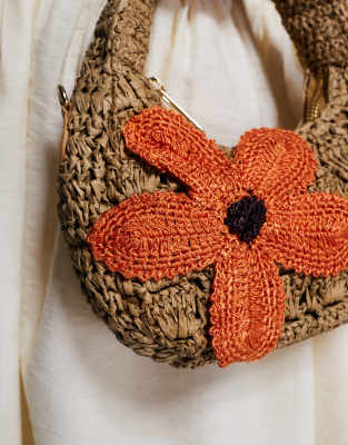 River Island Raffia Shoulder Bag With Flower Detail