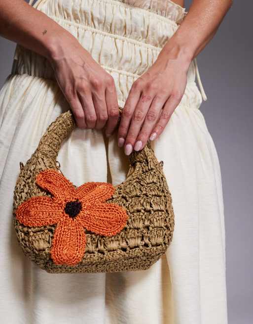 River Island raffia shoulder bag with flower detail in beige
