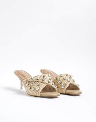  Raffia twist heeled mule sandals in beige - light