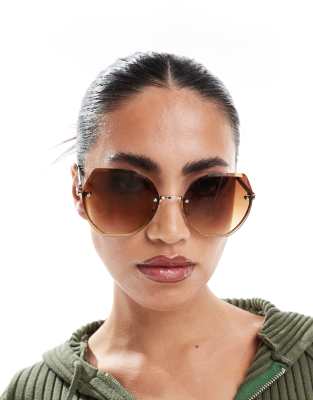 River Island - Randlose, sechseckige Sonnenbrille in Gold-Optik mit Farbverlauf-Goldfarben