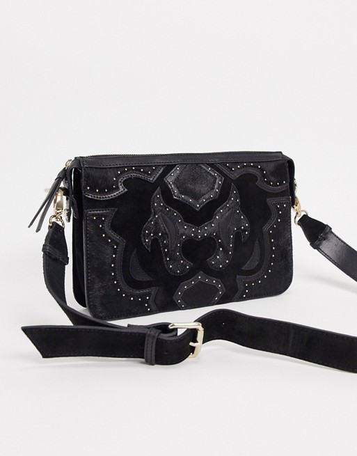 River Island real leather crossbody studded bag in black