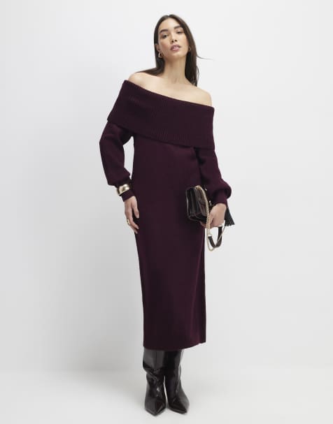 River Island Red knit long sleeve bardot midi dress in burgundy - view 1