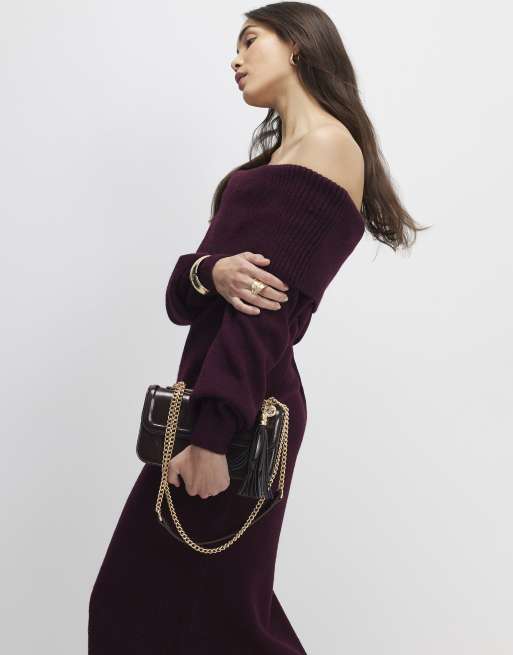 River Island Red knit long sleeve bardot midi dress in burgundy | ASOS