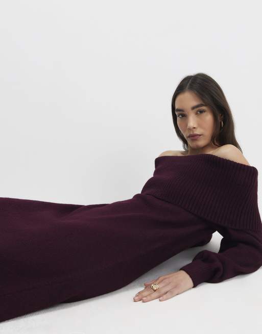 River Island Red knit long sleeve bardot midi dress in burgundy | ASOS