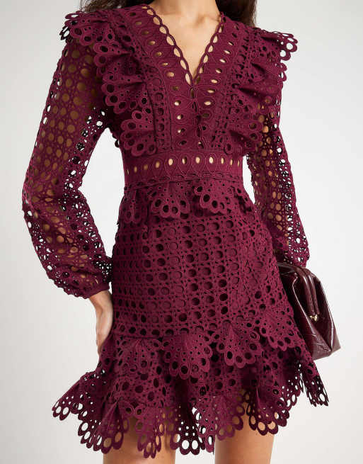 River Island Red long sleeve lace mini dress in purple - dark | ASOS