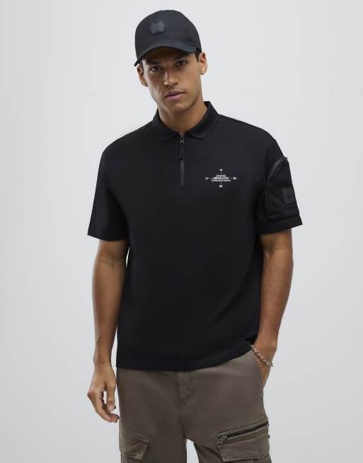 River Island Regular fit arm badge pocket polo shirt in black