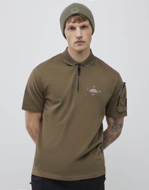 River Island Regular fit arm badge pocket polo shirt in khaki - view 1
