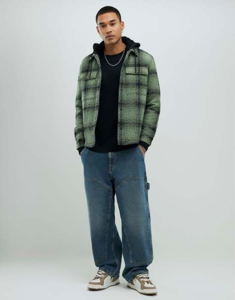 River Island Regular fit borg check hooded overshirt in green - view 1