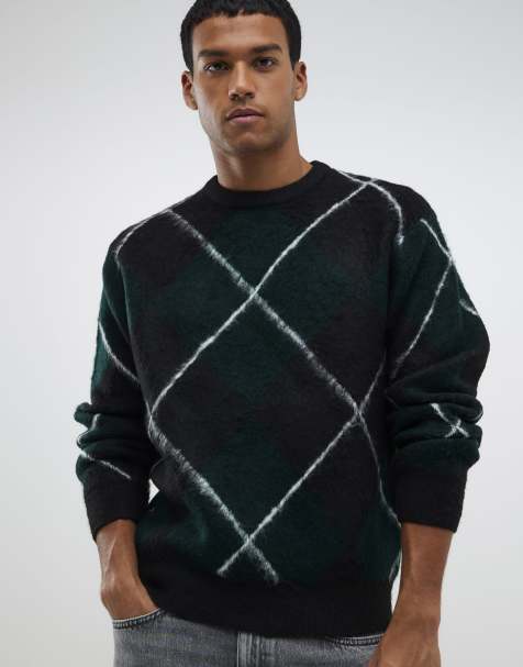 River Island Regular fit brushed argyle jumper in green - dark - view 1
