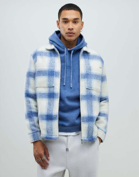 River Island Regular fit brushed check zip overshirt in blue - view 1