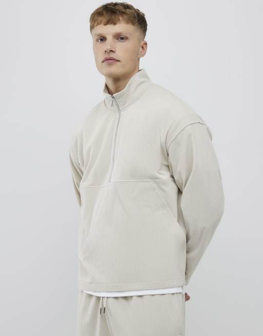 River Island Regular fit corduroy funnel sweatshirt in beige