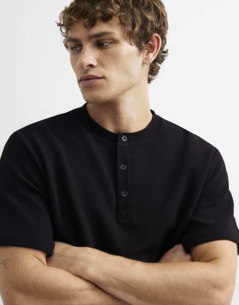 River Island Regular fit cotton henley neck t-shirt in black - view 1
