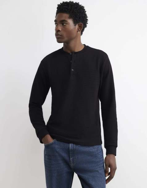 River Island Regular fit cotton henley neck t-shirt in black - view 1