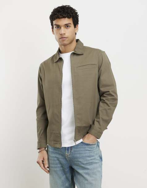 River Island Regular fit curved hem zip overshirt in khaki - view 1