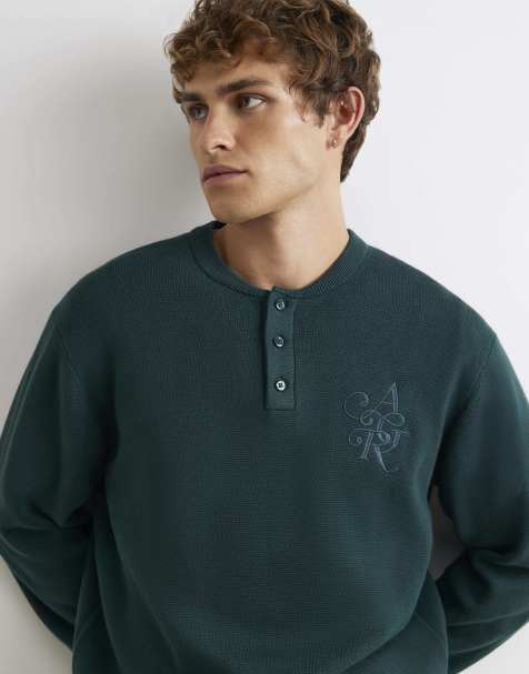 River Island Regular fit embroidered henley jumper in green - view 1