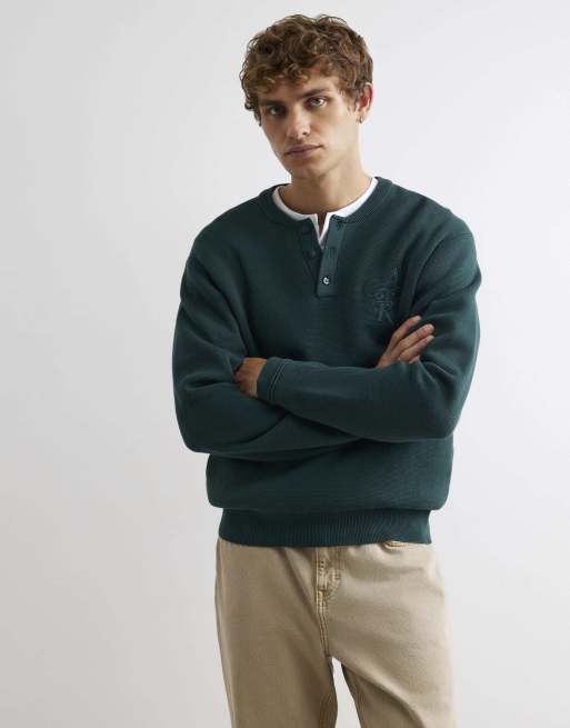 River Island Regular fit embroidered henley jumper in green, 2 of 4