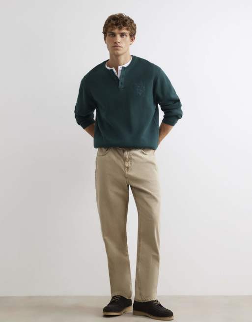 River Island Regular fit embroidered henley jumper in green, 3 of 4