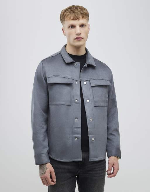 River Island Regular fit faux suede overshirt in grey