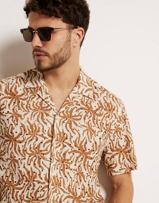 River Island Regular fit floral broderie revere stretch shirt in rust