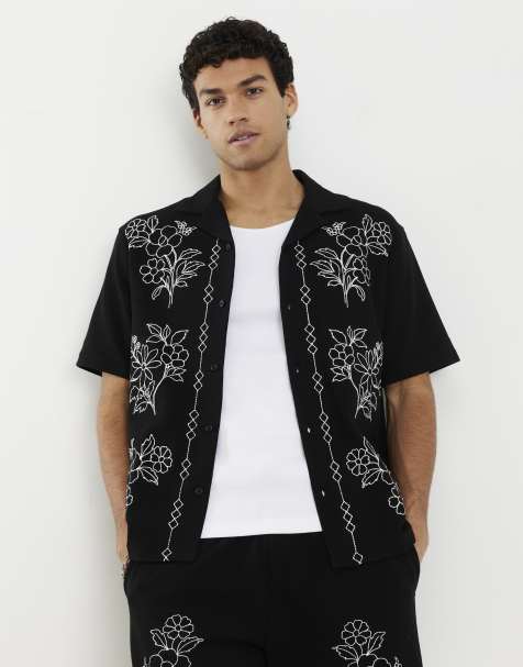 River Island Regular fit floral embroidered shirt in black