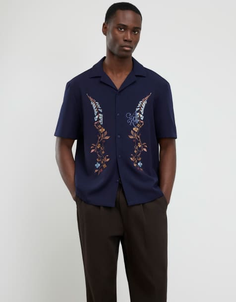 River Island Regular fit floral embroidered shirt in navy - view 1