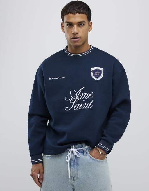 River Island Regular fit football badge sweatshirt in navy