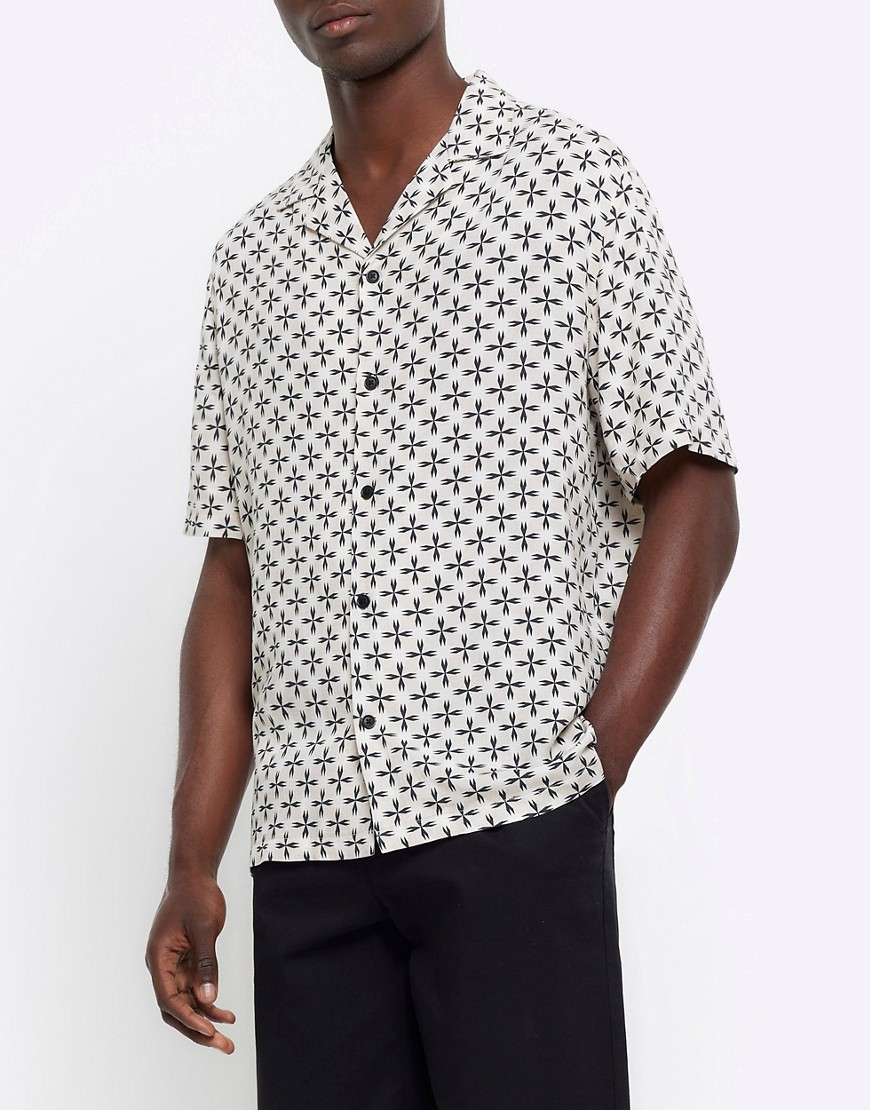 River Island Regular fit geometric revere shirt in ecru-White