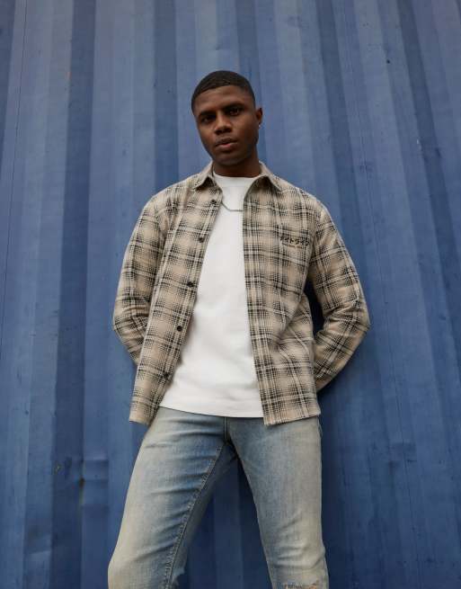 River Island Regular fit japanese check shirt in stone - light