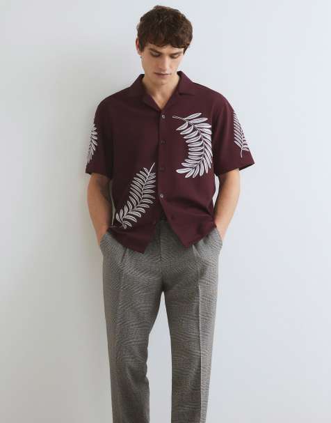 River Island Regular fit leaf embroidered shirt in burgundy - view 1