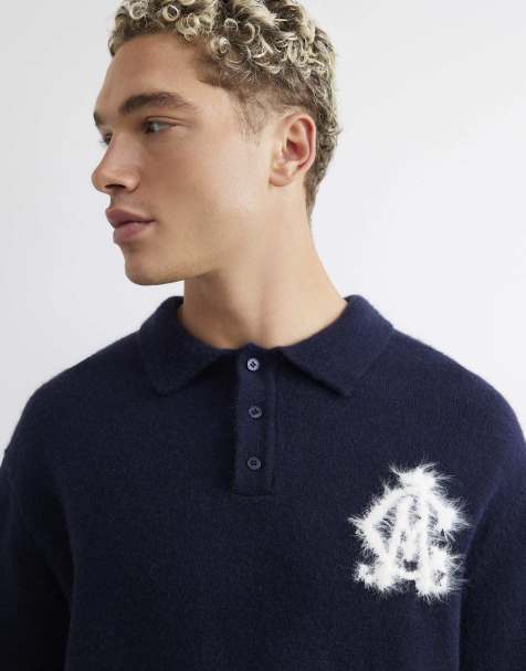River Island Regular fit monogram cosy knit jumper in navy