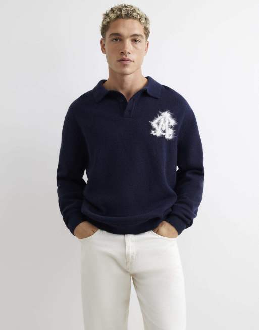 River Island Regular fit monogram cosy knit jumper in navy, 2 of 4