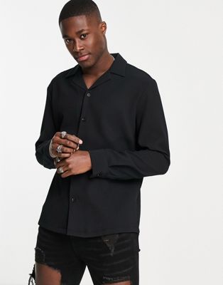 River Island long sleeve regular fit plisse overshirt in black