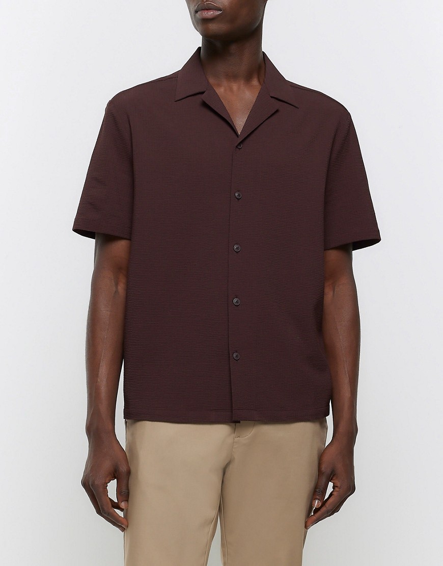 River Island Regular fit seersucker revere shirt in brown