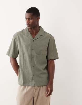 River Island regular fit seersucker shirt in green green 11590₽