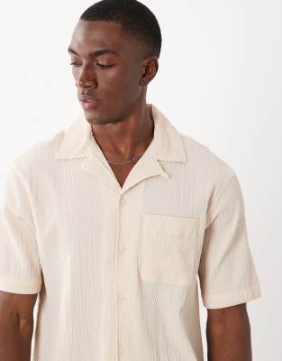 River Island Regular Fit Seersucker Shirt In Neutral