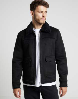 River Island Regular fit shearling western jacket in black