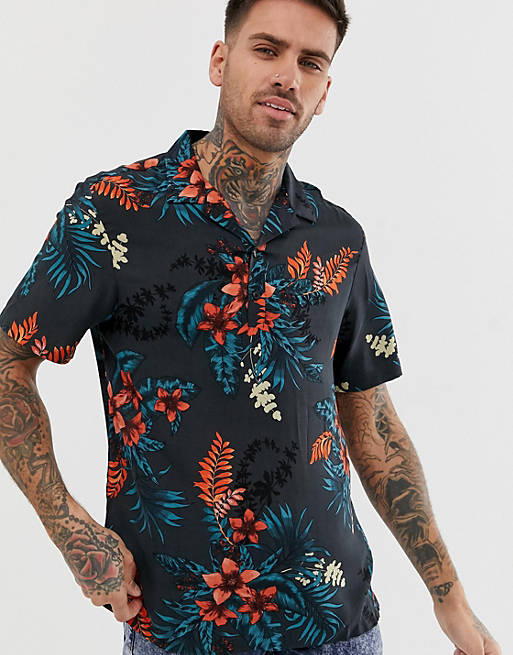 River Island regular fit shirt with floral print in black | ASOS