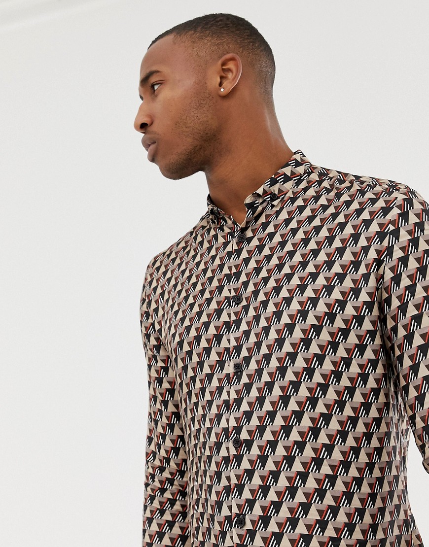 River Island regular fit shirt with geo print in stone