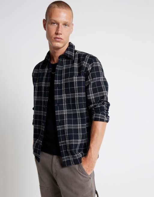 River Island Regular fit waffle texture check shirt in black