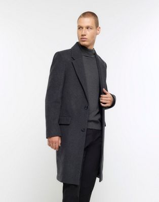 River Island Regular fit wool blend longline coat in charcoal