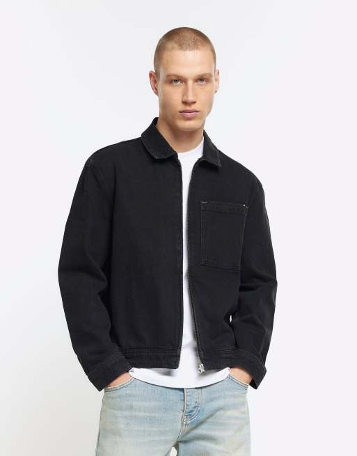 River Island Regular fit zip up denim jacket in black