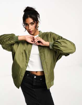 River Island relaxed bomber jacket in light khaki-Green