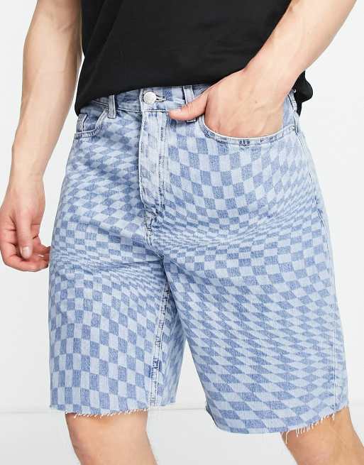 River Island relaxed checkerboard denim shorts in blue ASOS