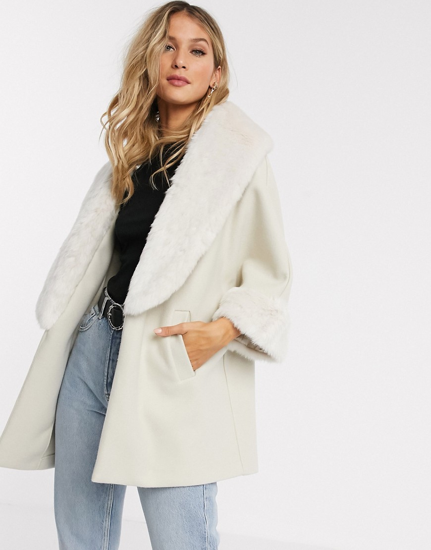 River Island relaxed coat with faux fur trims in cream-White