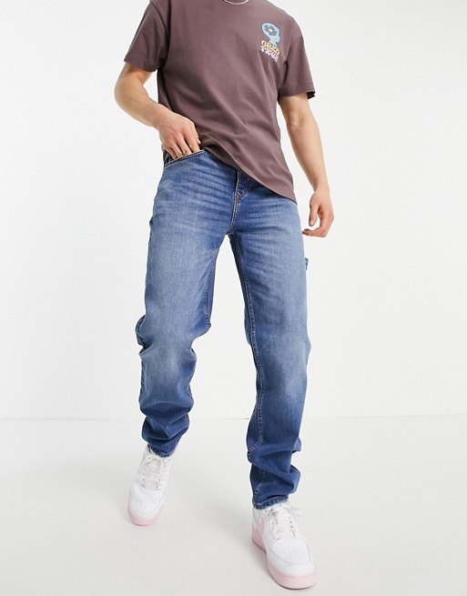 River Island relaxed fit carpenter jeans in mid blue