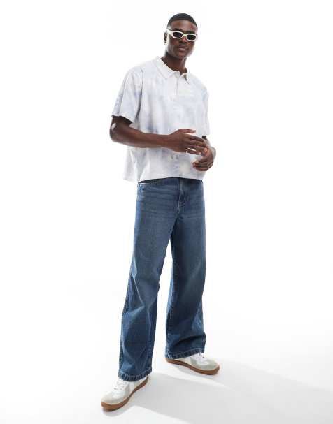 River Island relaxed fit knitted polo in blue swirl